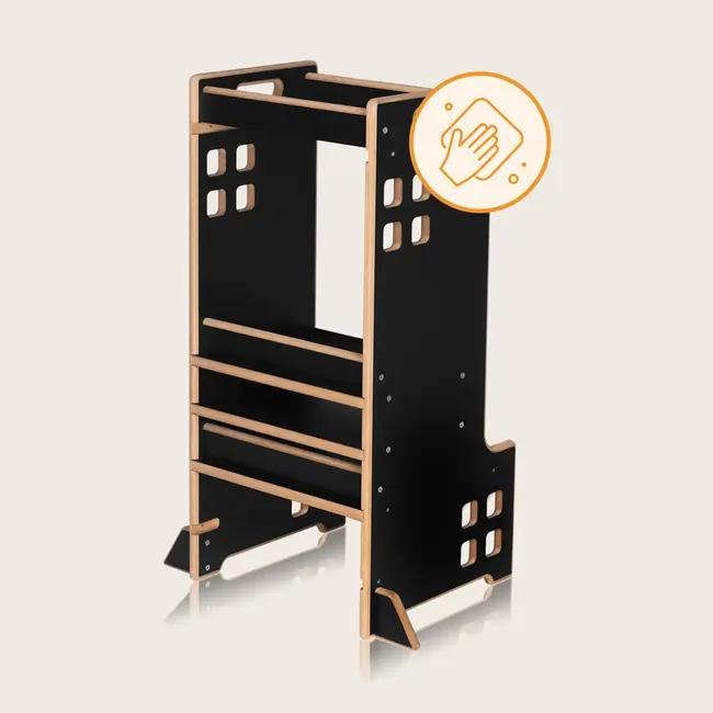 Turn de invatare Montessori, Lionelo, Cass, Functie de raft pentru carti, Pana la 30 kg, 12 luni - 6 ani, Din MDF si furnir, 3 trepte de inaltime, Negru BYNLO-CASS_BLACK_ONYX