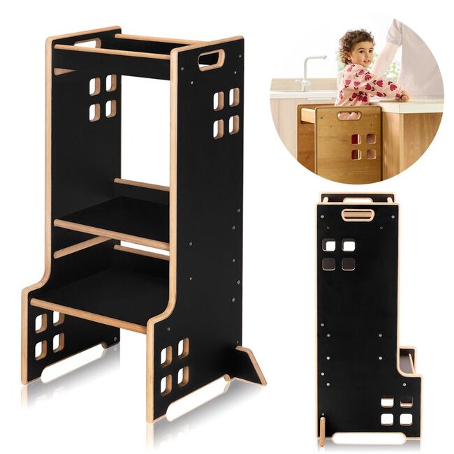 Turn de invatare Montessori, Lionelo, Cass, Functie de raft pentru carti, Pana la 30 kg, 12 luni - 6 ani, Din MDF si furnir, 3 trepte de inaltime, Negru BYNLO-CASS_BLACK_ONYX