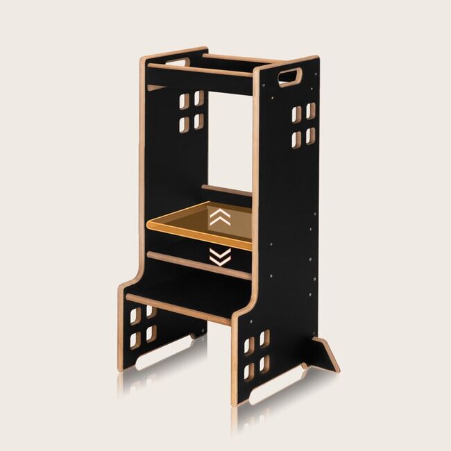 Turn de invatare Montessori, Lionelo, Cass, Functie de raft pentru carti, Pana la 30 kg, 12 luni - 6 ani, Din MDF si furnir, 3 trepte de inaltime, Negru BYNLO-CASS_BLACK_ONYX