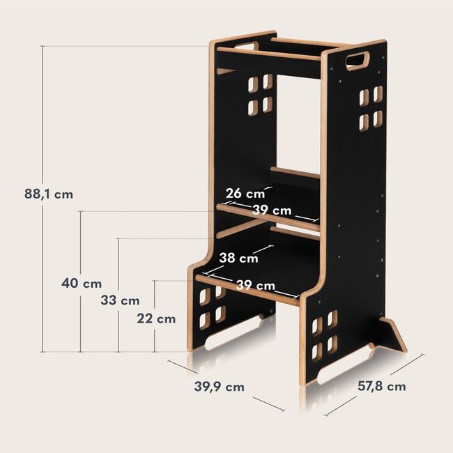 Turn de invatare Montessori, Lionelo, Cass, Functie de raft pentru carti, Pana la 30 kg, 12 luni - 6 ani, Din MDF si furnir, 3 trepte de inaltime, Negru BYNLO-CASS_BLACK_ONYX