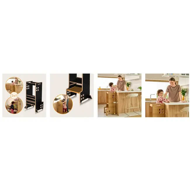 Turn de invatare Montessori, Lionelo, Cass, Functie de raft pentru carti, Pana la 30 kg, 12 luni - 6 ani, Din MDF si furnir, 3 trepte de inaltime, Negru BYNLO-CASS_BLACK_ONYX