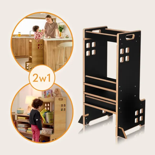 Turn de invatare Montessori, Lionelo, Cass, Functie de raft pentru carti, Pana la 30 kg, 12 luni - 6 ani, Din MDF si furnir, 3 trepte de inaltime, Negru BYNLO-CASS_BLACK_ONYX
