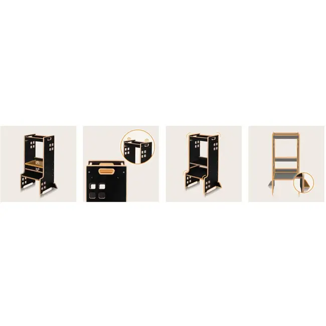 Turn de invatare Montessori, Lionelo, Cass, Functie de raft pentru carti, Pana la 30 kg, 12 luni - 6 ani, Din MDF si furnir, 3 trepte de inaltime, Negru BYNLO-CASS_BLACK_ONYX