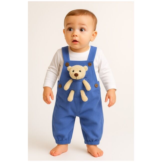 Salopeta si bluzita bebelusi cu ursulet – 100% bumbac - albastru bbl71