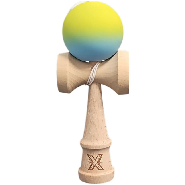 Kendama X 18 cm cu bilă cauciucată Galben/Blue– lemn natural, design premium, joc de dexteritate - ASC6427968007713