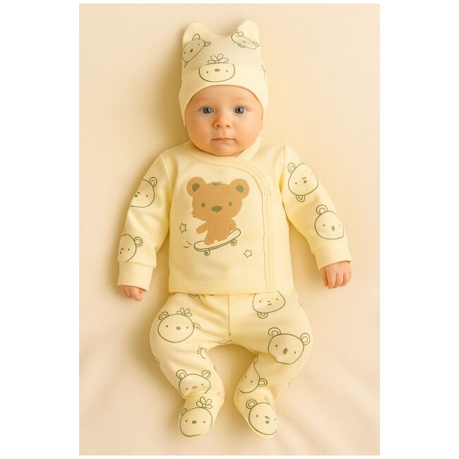 Set 3 piese babycan pentru nou-nascuti, model ursulet 100% bumbac bbl62