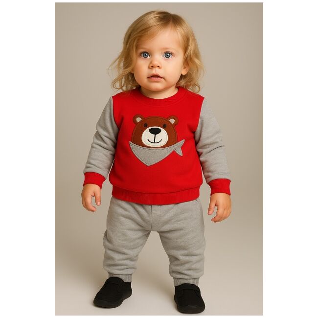 Set bluzita cu pantaloni 100% bumbac cu ursulet gules - rosu bbl63