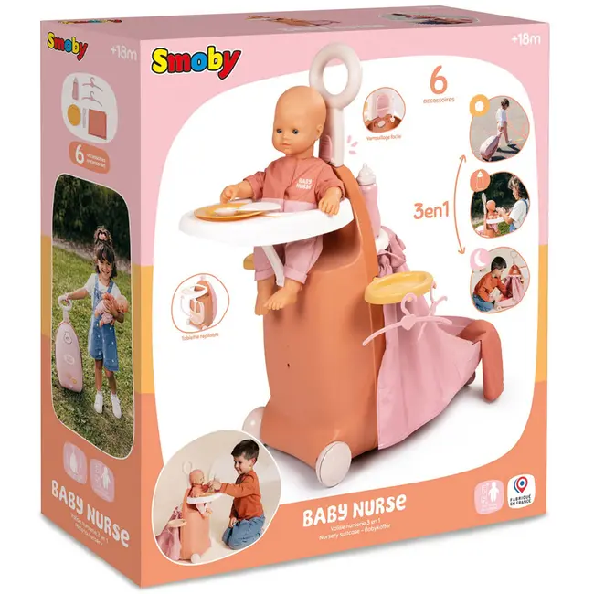 Valiza multifunctionala pentru papusi Smoby Baby Nurse Nursery Suitcase 3 in 1 cu 6 accesorii HUBS7600220392