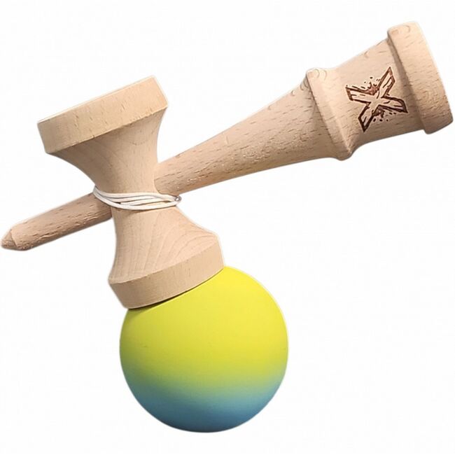 Kendama X 18 cm cu bilă cauciucată Galben/Blue– lemn natural, design premium, joc de dexteritate - ASC6427968007713