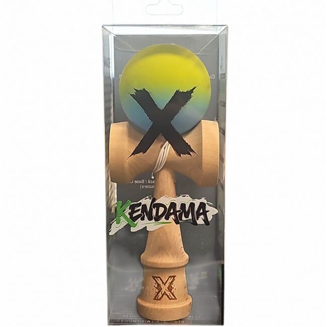 Kendama X 18 cm cu bilă cauciucată Galben/Blue– lemn natural, design premium, joc de dexteritate - ASC6427968007713