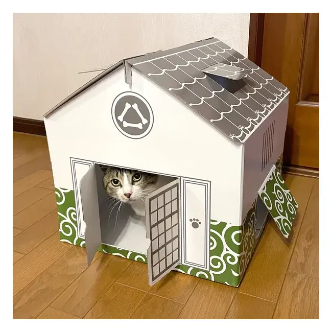 Casuta pentru pisici, din carton, alb verde
