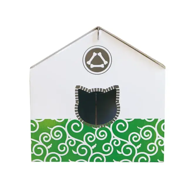 Casuta pentru pisici, din carton, alb verde