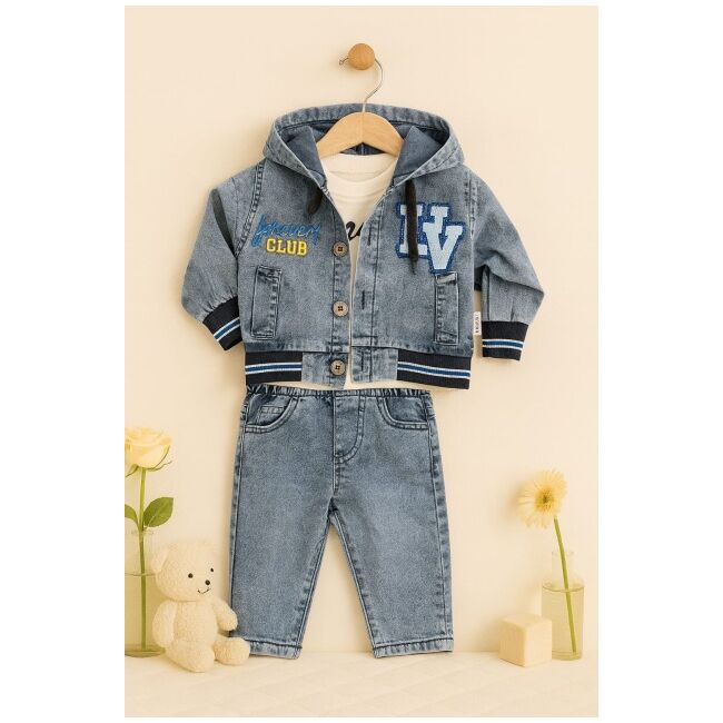 Costum baietel din denim forever club, 3 piese – jacheta cu gluga, bluza si pantaloni comozi trmb3016