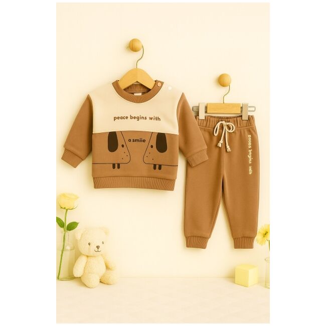 Costum bebelusi maro cu mesaj "peace begins with a smile" din doua piese – bluza si pantaloni comozi amtr57081