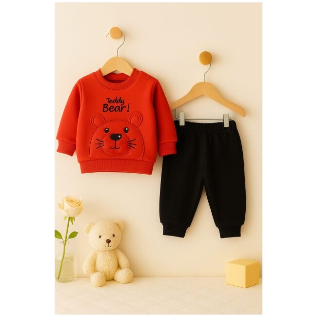 Costum teddy bear pentru baieti, bluza rosie si pantaloni bleumarine - set confortabil bebe trmd56559-1