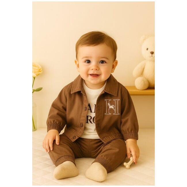 Costumas 3 piese cu jacheta maro si pantaloni din denim – outfit elegant si confortabil pentru bebelusi trmd3036