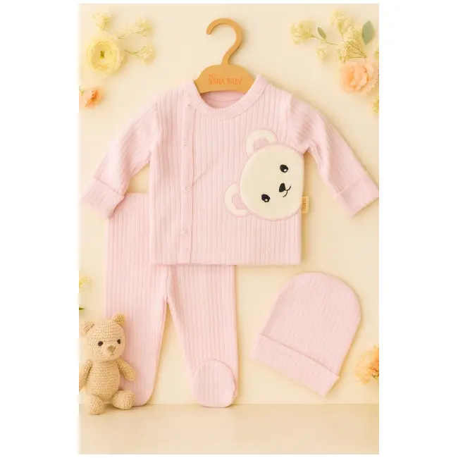 Costumas bebe roz din bumbac fin cu ursulet &ndash; 3 piese, confort si stil pentru bebelusi trmd20534-1