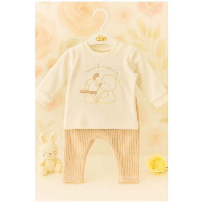 Costumas plusat bebelusi crem cu ursulet si catel – moale si confortabil amtr1404