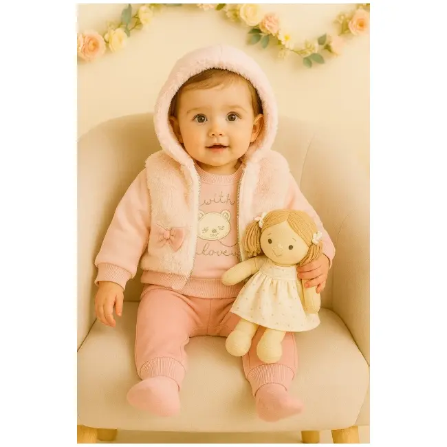 Costumas roz bebelusi cu vesta pufoasa si fundite &ndash; set calduros hippil trmd5154