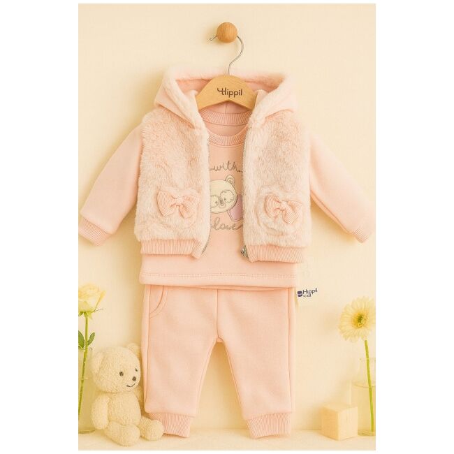 Costumas roz bebelusi cu vesta pufoasa si fundite – set calduros hippil trmd5154