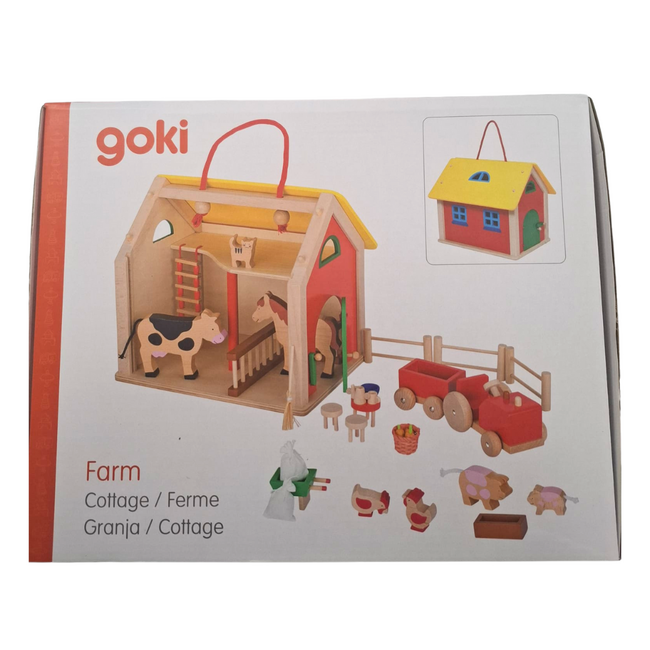 Ferma animalelor, cu 31 accesorii, de lemn, tip cabana, 3 ani+, goki