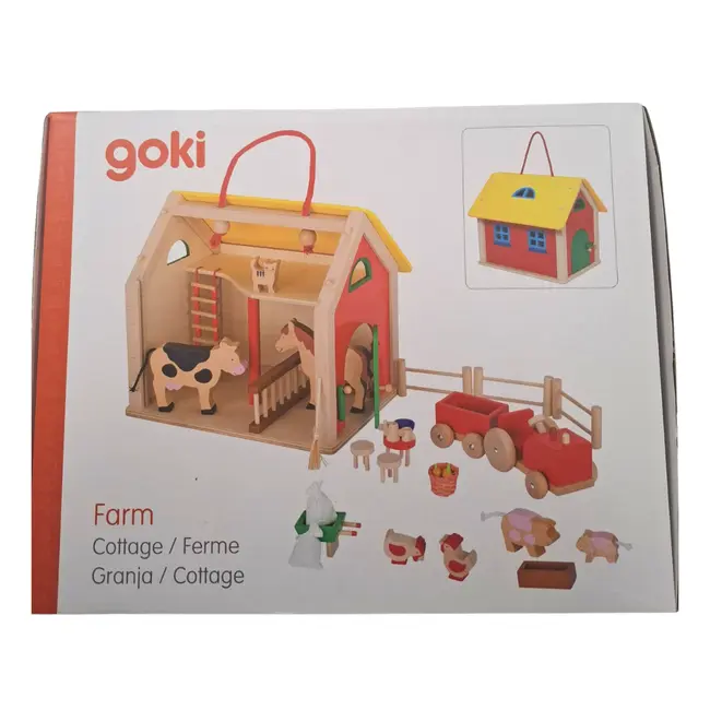 Ferma animalelor, cu 31 accesorii, de lemn, tip cabana, 3 ani+, goki