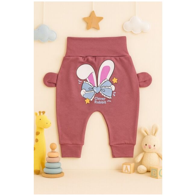 Pantaloni bebe roz pudra cu iepuras si fundita - mother & cojok trmb2070-4