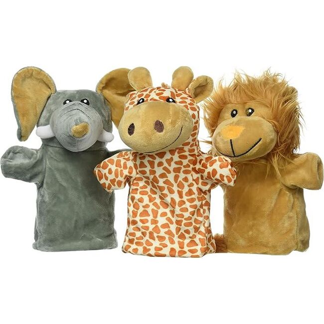 Papusi de teatru pentru copii, de mana, girafa-leu-elefant, 1 an+, set 3 buc, goki