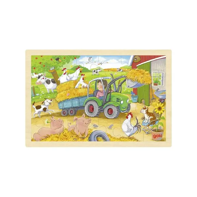 Puzzle lemn, copii 3 ani+, 24 piese, model ferma animalelor, goki - joc de indemanare