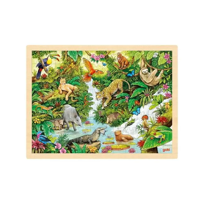 Puzzle lemn, copii 3 ani+, 96 piese, model jungla cu animale, goki - joc de indemanare
