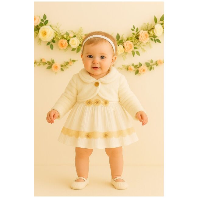 Rochita eleganta bebelusi cu bolerou pufos ivoire si dantela – tinuta speciala pentru fetite trmb2157