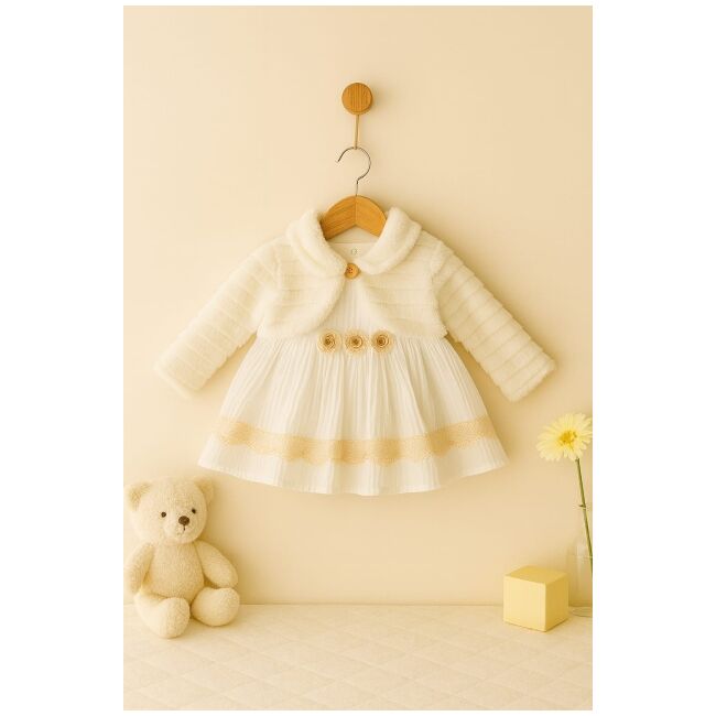 Rochita eleganta bebelusi cu bolerou pufos ivoire si dantela – tinuta speciala pentru fetite trmb2157
