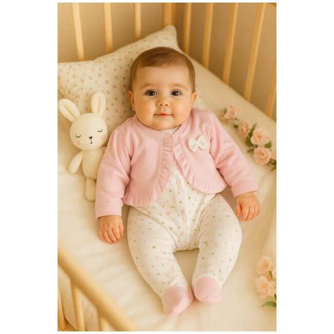 Salopeta bebelusa roz – model floral, moale si confortabila, cu bolero din catifea trmb4286