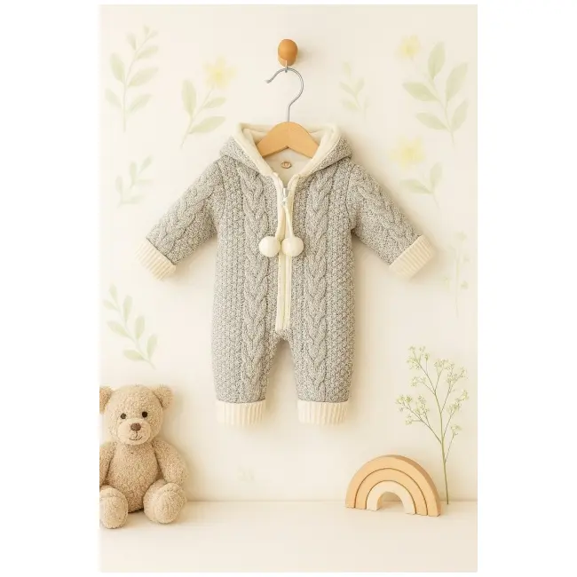 Salopeta gri tricotata groasa cu gluga pentru bebelusi &ndash; model iarna trmd4108-1