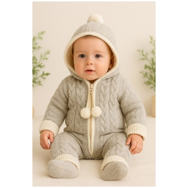 Salopeta gri tricotata groasa cu gluga pentru bebelusi – model iarna trmd4108-1