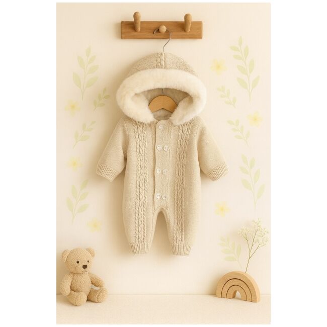 Salopeta groasa crem pentru bebelusi – tricotata, cu gluga pufoasa si nasturi trmd09000