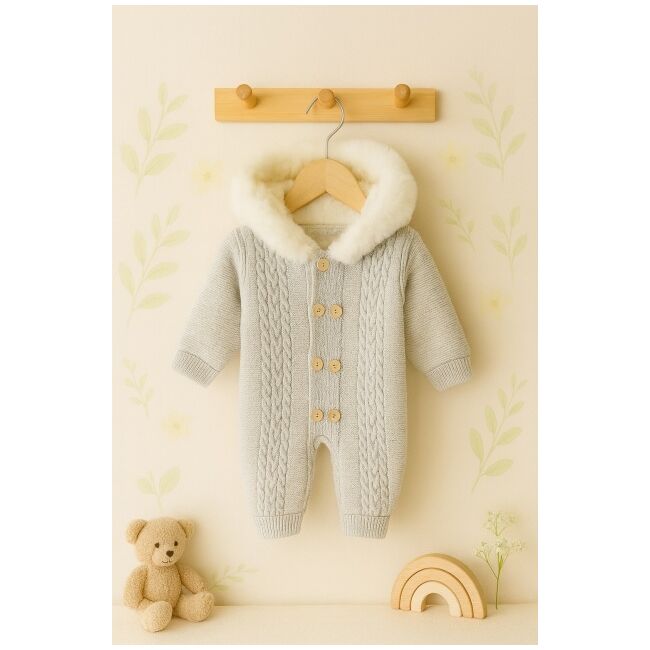 Salopeta groasa gri pentru bebelusi – tricotata, cu gluga pufoasa si nasturi trmb09000