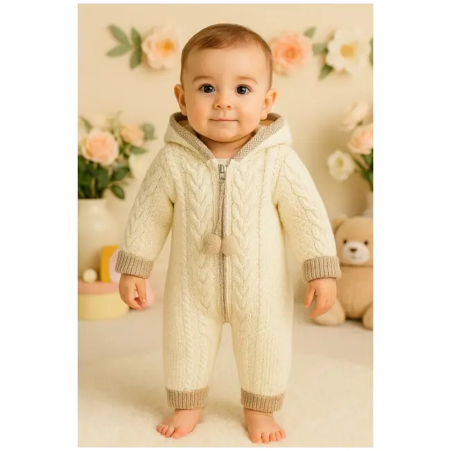 Salopeta ivoire tricotata groasa cu gluga pentru bebelusi &ndash; model iarna trmb4108