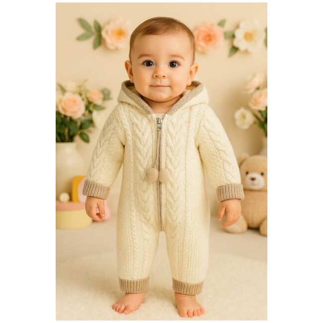 Salopeta ivoire tricotata groasa cu gluga pentru bebelusi – model iarna trmb4108