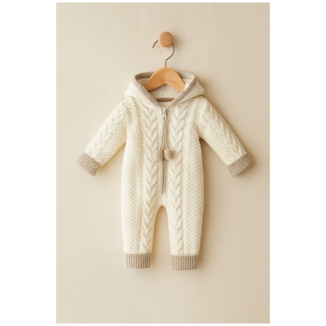Salopeta ivoire tricotata groasa cu gluga pentru bebelusi – model iarna trmb4108