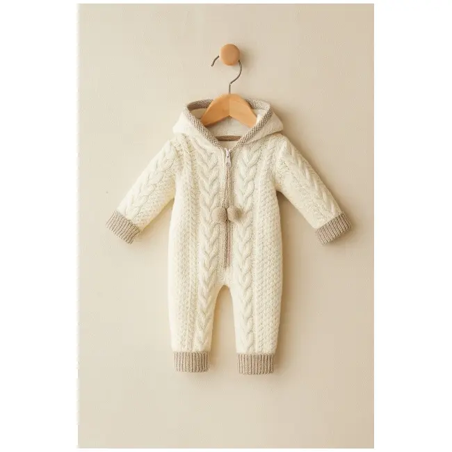 Salopeta ivoire tricotata groasa cu gluga pentru bebelusi &ndash; model iarna trmb4108