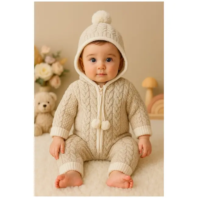 Salopeta tricotata groasa cu gluga pentru bebelusi &ndash; model crem, iarna trmd4108