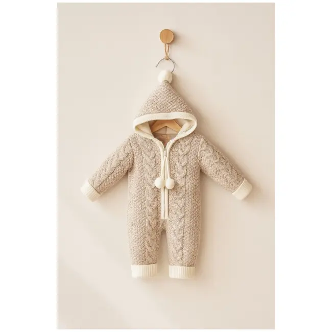 Salopeta tricotata groasa cu gluga pentru bebelusi &ndash; model crem, iarna trmd4108