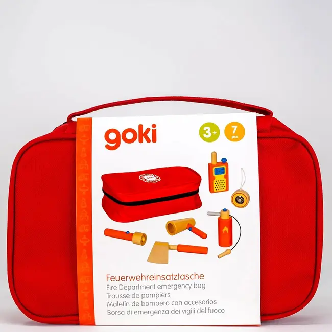 Set de joaca pompieri, geanta de urgenta cu accesorii de lemn, goki - joc de rol