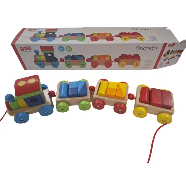 Trenulet jucarie, de lemn, cu accesorii tip cuburi, 18 piese, 2 ani+, goki