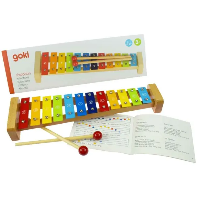 Xilofon jucarie, de lemn metal, si carte muzicala, 37.9 cm, 3 ani+, goki - jucarii muzicale