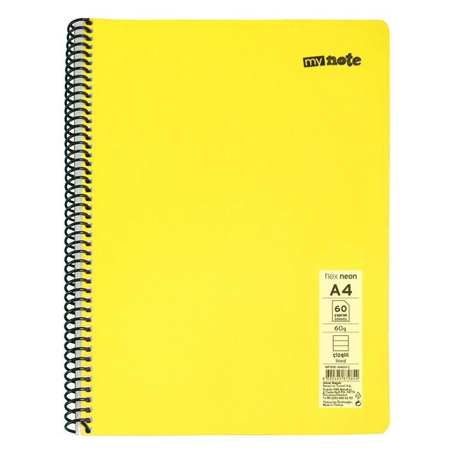Caiet cu spira Mynote, format A4, 60 file offset 60 g/mp, liniatura dictando, coperta PP neon, mix de 8 culori BPTCCI0001658