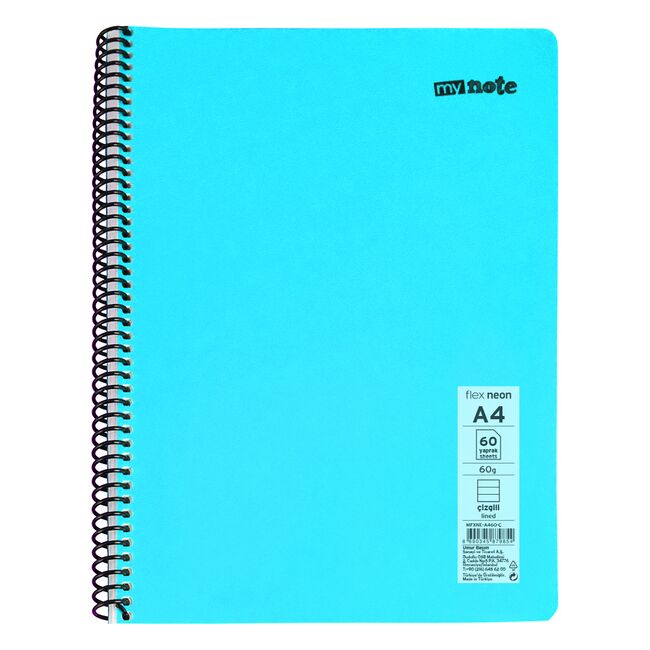 Caiet cu spira Mynote, format A4, 60 file offset 60 g/mp, liniatura dictando, coperta PP neon, mix de 8 culori BPTCCI0001658