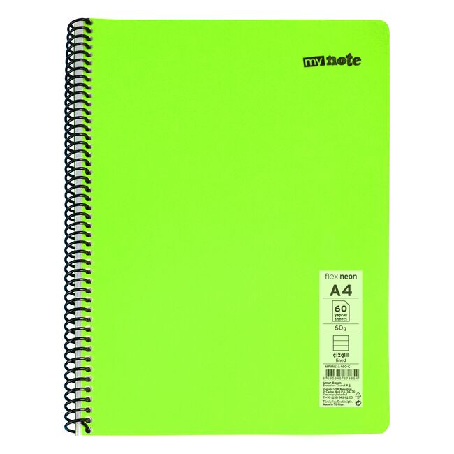 Caiet cu spira Mynote, format A4, 60 file offset 60 g/mp, liniatura dictando, coperta PP neon, mix de 8 culori BPTCCI0001658
