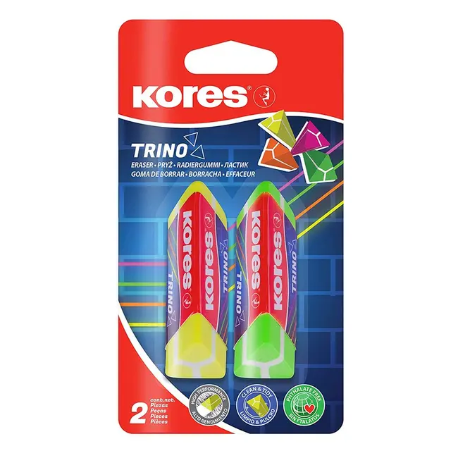 Radiera Kores Trino, design triunghiular, 2 bucati asortate/blister BPTCKS992511